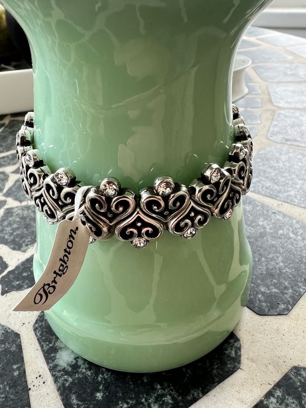 Brighton Alcazar Heart Stretch bracelet with silver plated hearts and crystals.